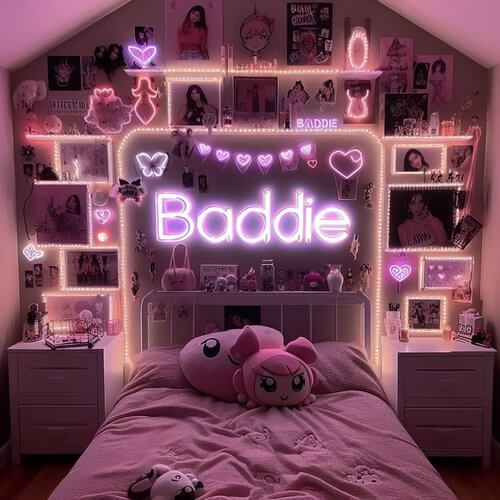Kamar Tidur Anak Pink dengan LED Pink