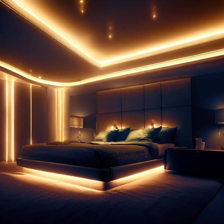 Kamar Tidur Elegan dan Mewah dengan LED Plafon Dinding dan Bawah Kasur